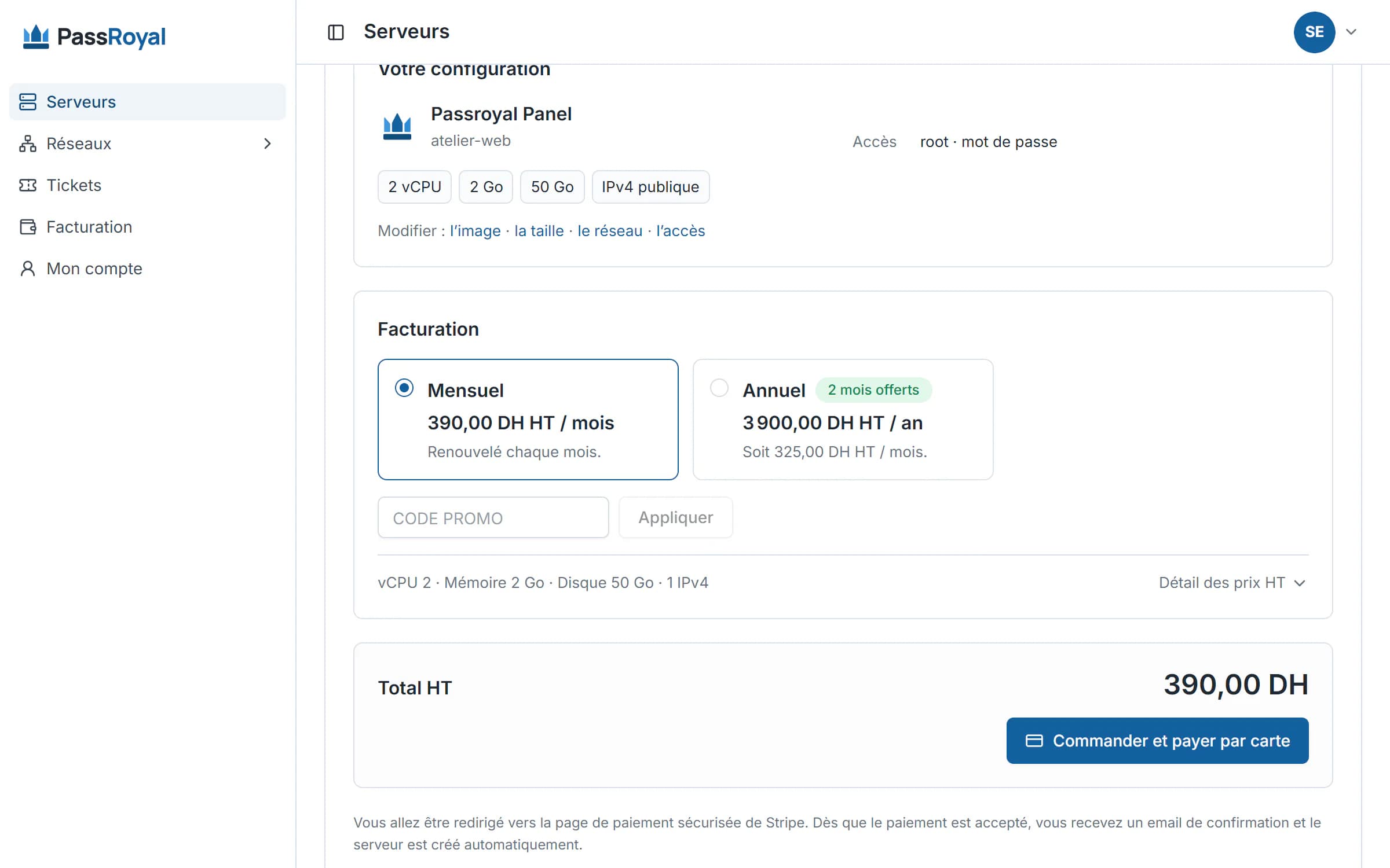Le récapitulatif d’une commande PassRoyal : le serveur choisi, l’adresse IPv4 en option et le total en dirhams hors taxes, avant le paiement.