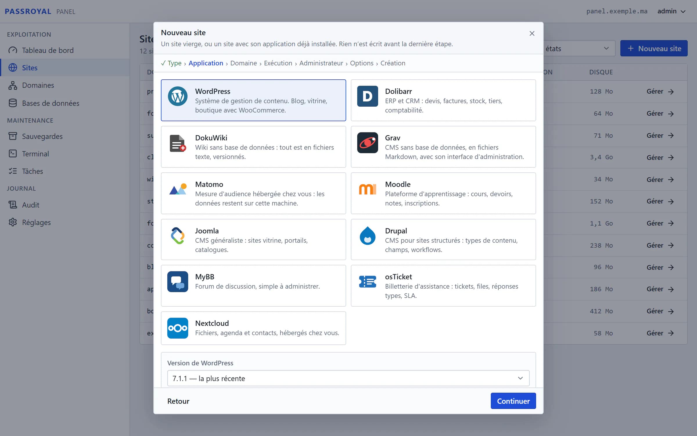 L’assistant de création de site de Passroyal Panel : les onze applications du catalogue, WordPress choisi, avec sa version et son empreinte sha256.