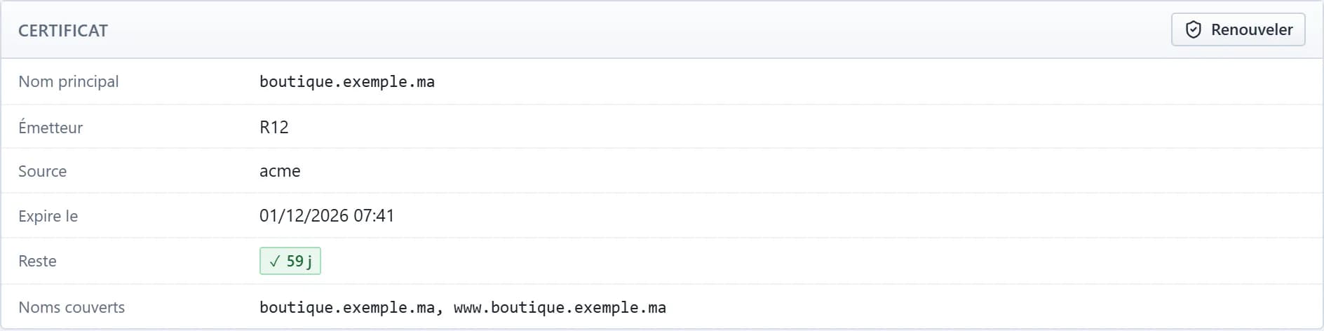 Le certificat Let’s Encrypt d’un site dans Passroyal Panel : noms couverts, date d’expiration et jours restants.