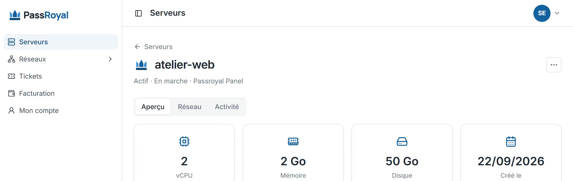 La page d’un serveur PassRoyal prêt : son état, son application et sa taille, processeur, mémoire et disque.